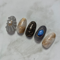 No.21 モノトーンネイル/和柄ネイル/天然石ネイル/ネイルチップ/卒業式/入学式/白黒/花柄ネイル 5枚目の画像