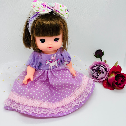メルちゃんのお洋服 ユニコーン柄とお星さまのワンピースドレス リボン 