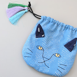 猫の巾着袋〔neco bukuro〕osharesan 〜スカイブルー〜 （コットン生地使用） 1枚目の画像