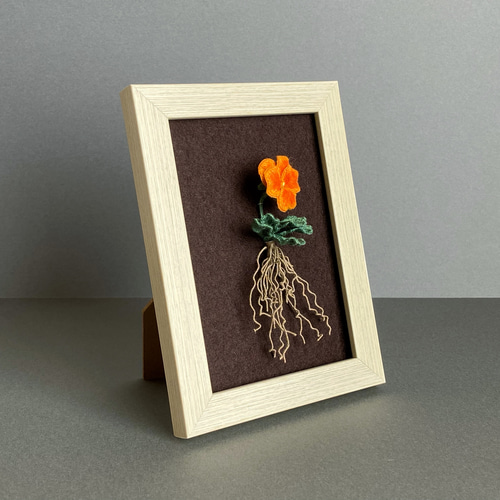 オレンジ色のパンジー立体刺繍作品 Lサイズ額装 立体・オブジェ