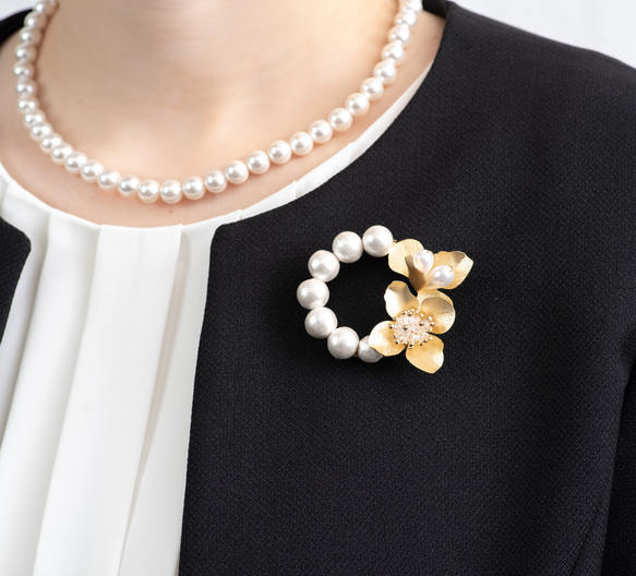 アクセサリーセット　ネックレス　ブレスレット　ブローチ　パール風 貝パールネックレス、金ブローチ2点セット 卒業式 入学式 パール