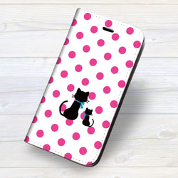 iPhone フラップ無し手帳型ケース ★親子猫ドット-ピンク 1枚目の画像