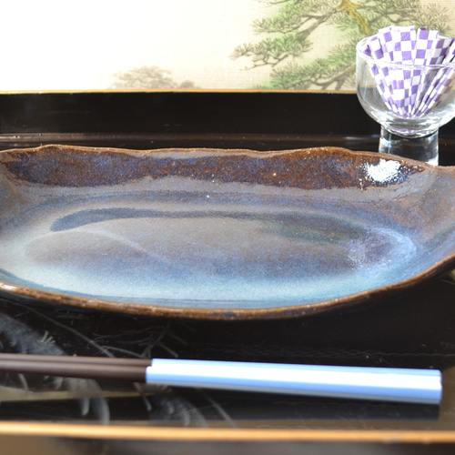 再入荷！】大きめなカレー皿(コスモブルー) パスタ皿 大皿 ☆萩焼き