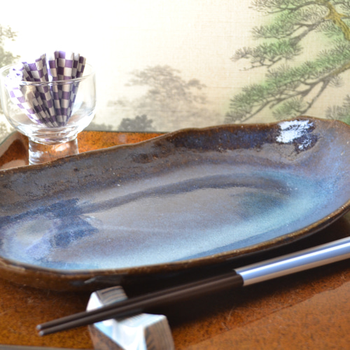 再入荷！】大きめなカレー皿(コスモブルー) パスタ皿 大皿 ☆萩焼き