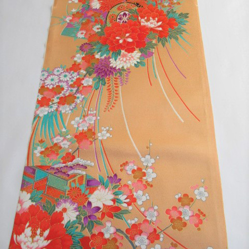 橙色 京友禅 金彩 花車模様 正絹緞子 丹後ちりめん No.76-5 後ろ身頃