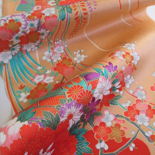 橙色 京友禅 金彩 花車模様 正絹緞子 丹後ちりめん No.76-5 後ろ身頃
