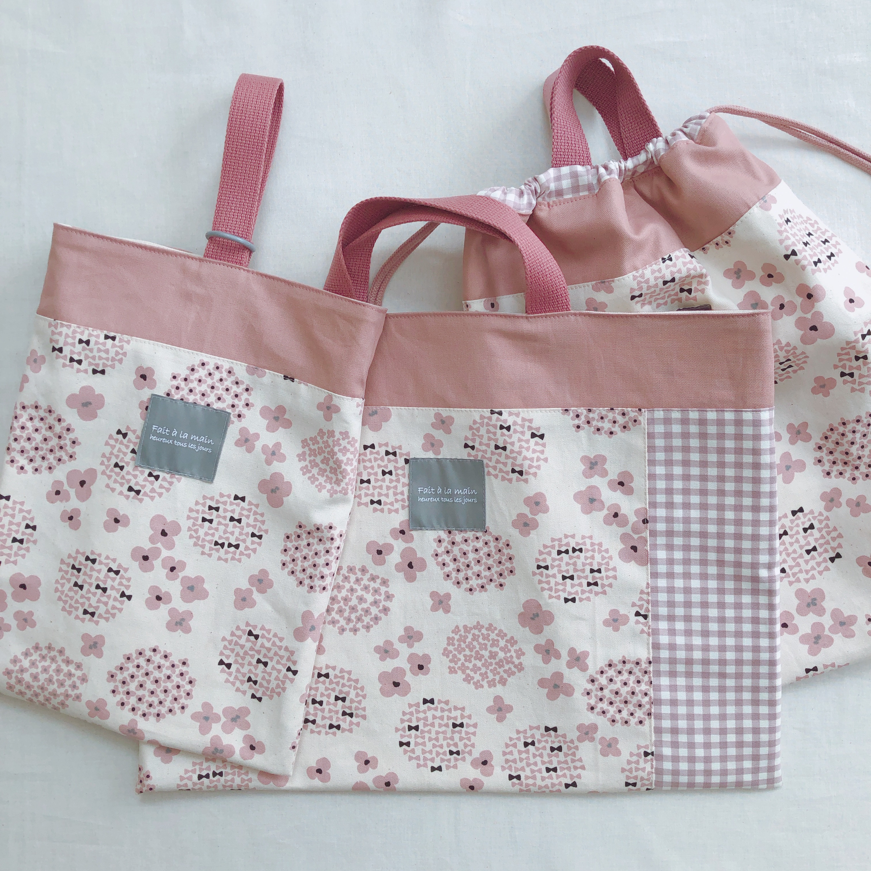 サイズ・仕様変更相談可【 あじさい・アイボリー 】セット販売　レッスンバッグ　体操着袋　上履き袋　女の子