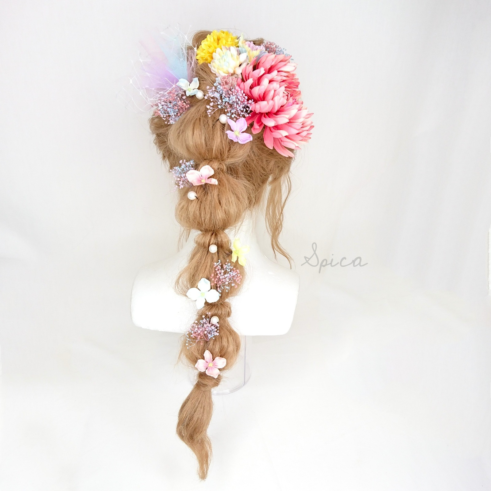 【一点限定】ピンクの菊と紫陽花とコットンパールの髪飾り 成人式 卒業式 ウェディング ポニーテール 七五三 かわいい
