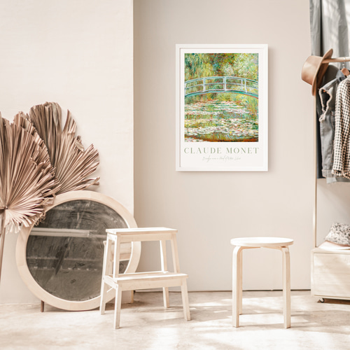 手描きアクリル画】モネ 睡蓮の池 日本の橋 大型インテリア絵画 額装
