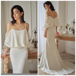 フリル袖 オフショルダー サテンマーメイドウエディングドレス