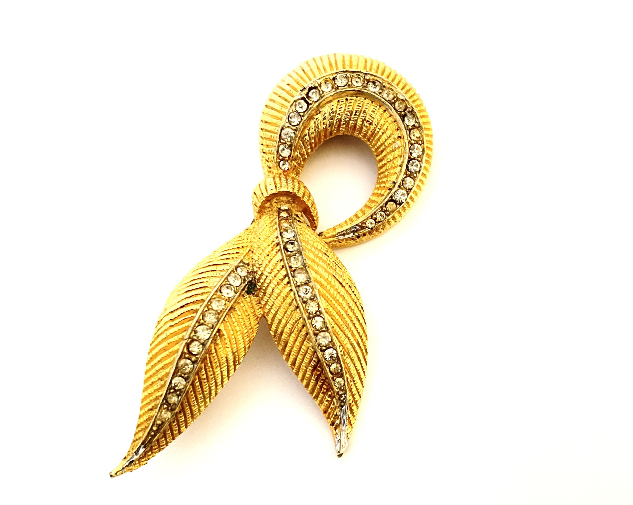 【ビンテージ　アメリカ製　Art deco　ラインストーン　 ゴールド　ブローチ】リボン