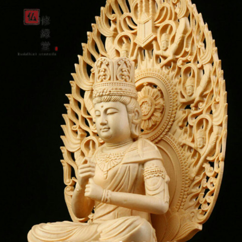 木彫り 仏像 大日如来座像 彫刻 一刀彫 天然木檜材 仏教工芸品 F 彫刻