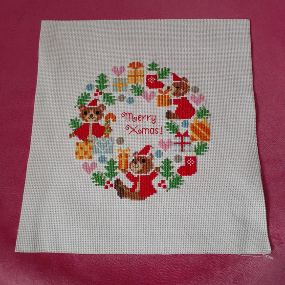 クロスステッチ 完成品 クリスマス プレゼント くまさん その他アート