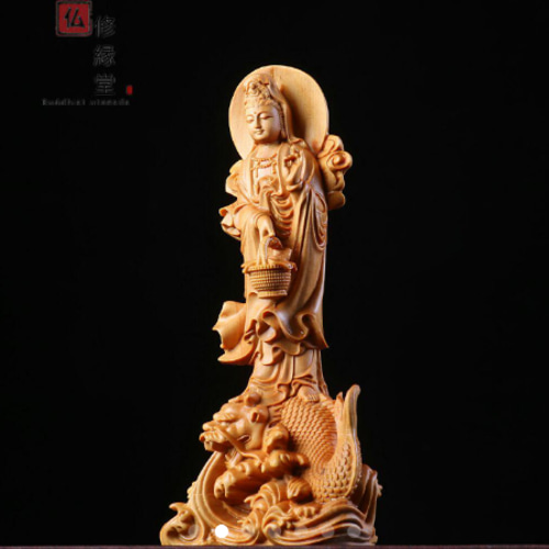 極上品 木彫り 仏像 鰲魚自在観音菩薩立像 彫刻 仏教工芸品 柘植材 F 