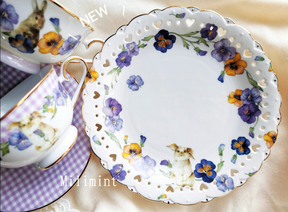 【レア美品】英国製　クラウンリージェント★紫陽花★ケーキ皿　6枚 可愛い赤のステンシル花模様のケーキ皿 フランスアンティーク