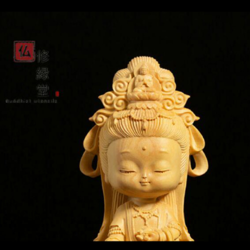 木彫り 仏像 Q版観音菩薩座像 ミニ 柘植材 仏教工芸 精密彫刻 F 彫刻