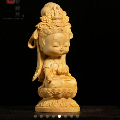 木彫り 仏像 Q版観音菩薩座像 ミニ 柘植材 仏教工芸 精密彫刻 F 彫刻
