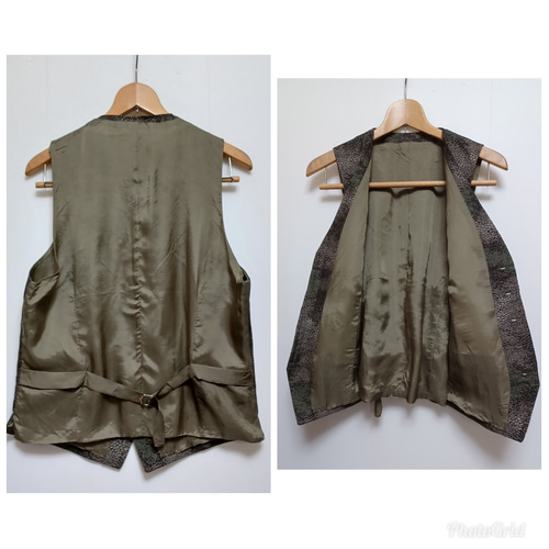 着物リメイク メンズベスト LL 大島 風景柄 グリーン×茶系 着物リメイク メンズベスト LL 大島 風景柄 グリーン×茶系