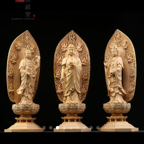 新作 木彫り 仏像 阿弥陀三尊立像 本金 切金 彫刻 天然木檜材 F