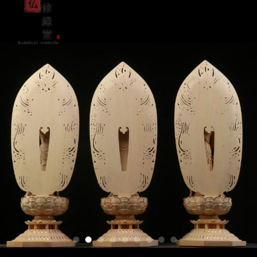 新作 木彫り 仏像 阿弥陀三尊立像 本金 切金 彫刻 天然木檜材 F 彫刻