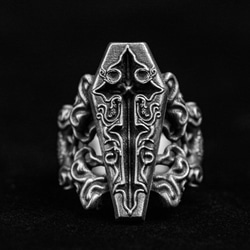 925 スターリング シルバー コフィン トーテム リング、聖なる棺のリング、聖なる十字架の指輪、ゴシック指輪 1枚目の画像