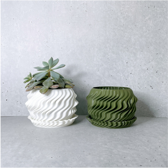 WAVE / 3D printed 植木鉢 / 2号 / ホワイト、オリーブ 1枚目の画像