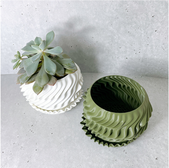 WAVE / 3D printed 植木鉢 / 2号 / ホワイト、オリーブ 2枚目の画像