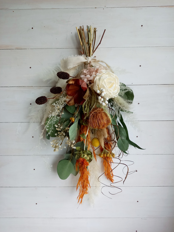 再販』❀. オレンジ*イエロー ドライフラワースワッグ ✿ブーケ