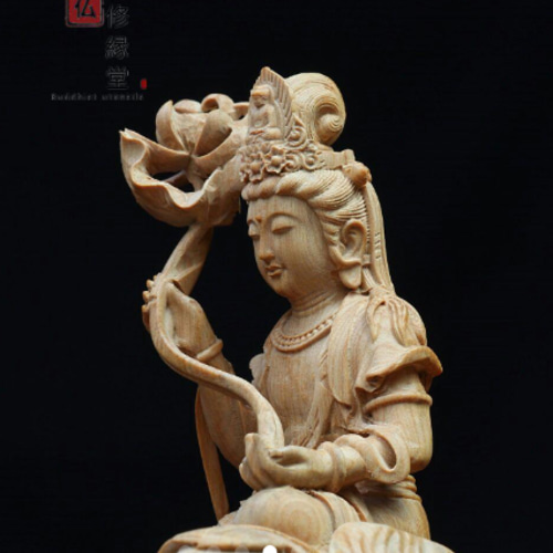 木彫り 仏像 文殊菩薩 普賢菩薩座像一式 柘植材 仏教工芸 精密彫刻 F