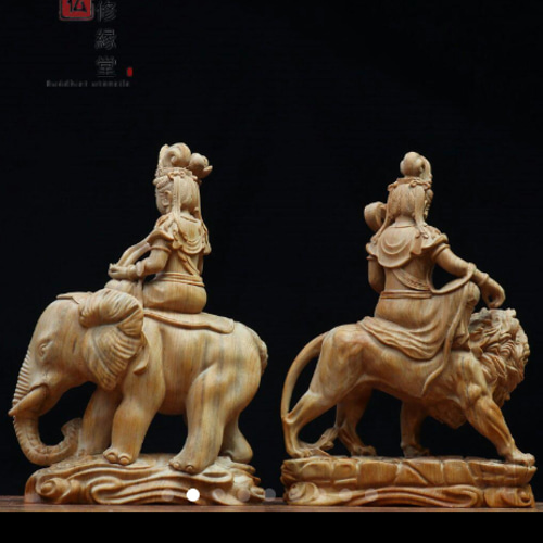 木彫り 仏像 文殊菩薩 普賢菩薩座像一式 柘植材 仏教工芸 精密彫刻 F