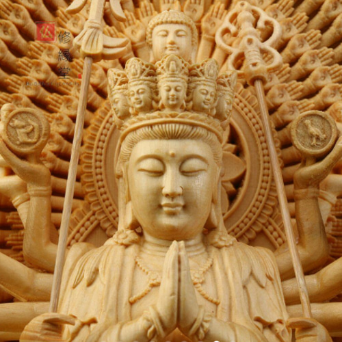 最高級 木彫り 仏像 千手観音菩薩座像 彫刻 一刀彫 彩色金彩