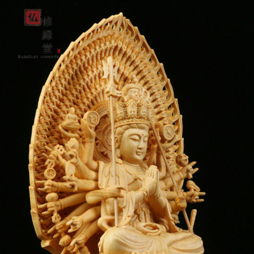 最高級 木彫り 仏像 千手観音菩薩座像 彫刻 一刀彫 天然木檜材