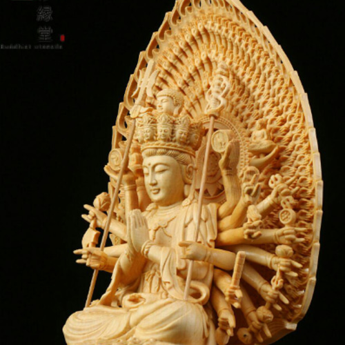 最高級 木彫り 仏像 千手観音菩薩座像 彫刻 一刀彫 彩色金彩仕上げ 天然木檜材 最高級 木彫り 仏像 千手観音菩薩座像 彫刻 一刀彫 彩色金彩