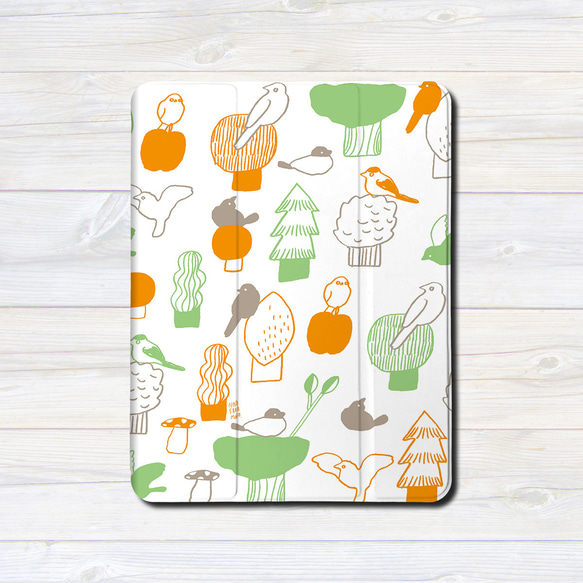 iPadケース 【 森と鳥 オレンジ 】 手帳型ケース ※2タイプから選べます 2枚目の画像