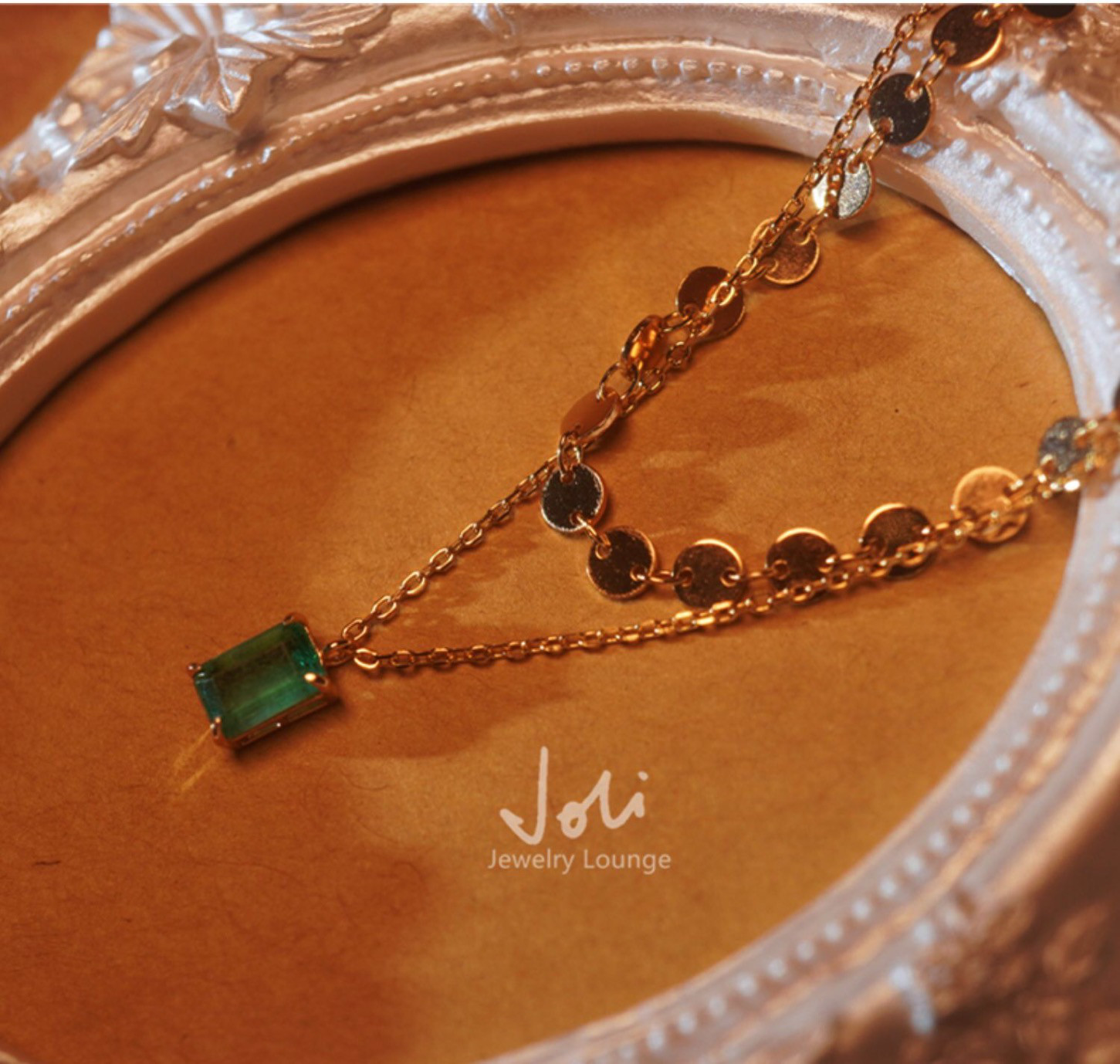 ナチュラルエメラルド ダブルチェーン チョーカー ネックレス 天然 グリーン キラキラ 緑 レトロ