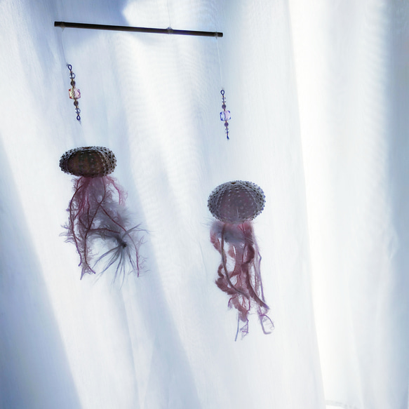 夢見るクラゲのモビール ウニ殻 ミズクラゲ  ゼリーフィッシュ サンキャッチャー 吊るし飾り 海月 海 夏 モビール 3枚目の画像