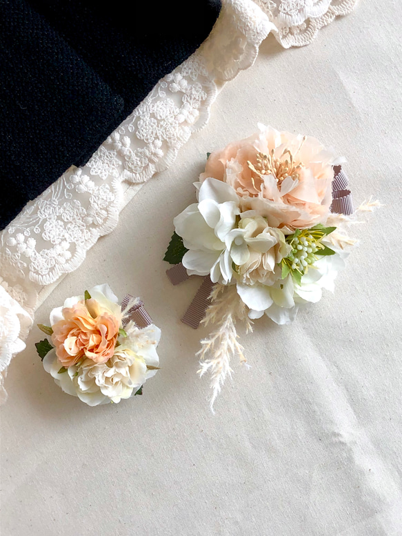 C110-S 親子お揃いコサージュ＆髪飾り☆ラナンキュラスのナチュラル  