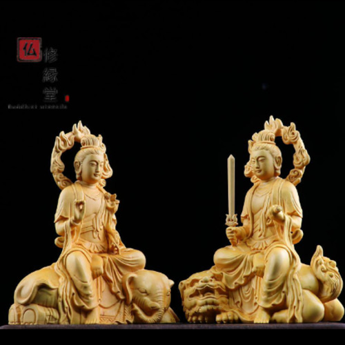 木彫り 仏像 文殊菩薩 普賢菩薩座像一式 彫刻 仏教工芸品 柘植材 F