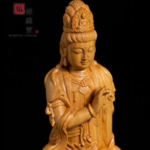 極上彫 木彫り 仏像 自在観音菩薩座像 柘植材 仏教工芸 精密彫刻
