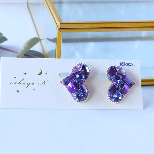 ビジューハートイヤリング·ピアス(パープル系) イヤリング 