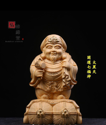 珍品 木彫仏像 七福神大黒天立像 財神 本金 切金 彫刻 天然木檜