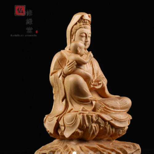 木彫り 仏像 送子観音菩薩座像 彫刻 一刀彫 天然木檜材 仏師で仕上げ F 
