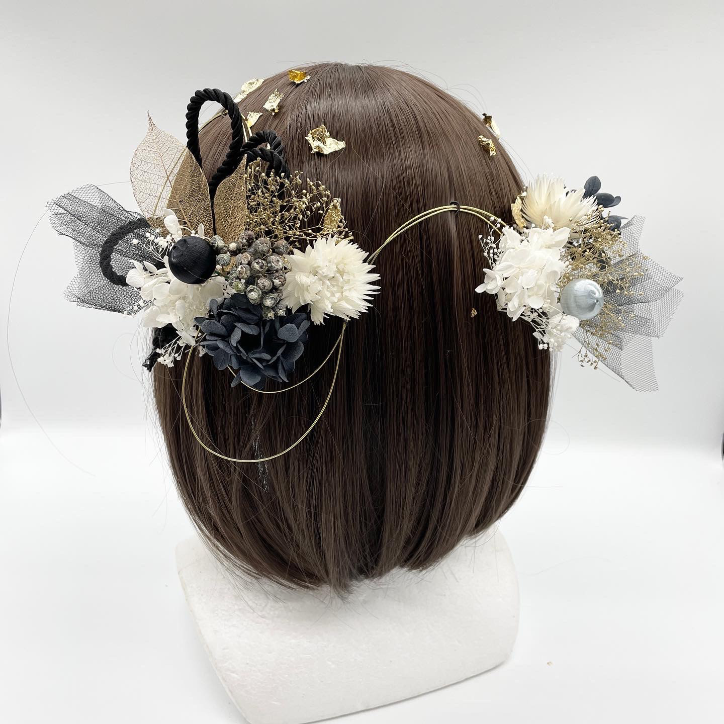 水引×紐　髪飾り　ヘッドドレス　ブラック　黒