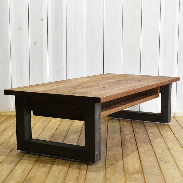 送料無料 幅120㎝ 棚付き センターテーブル 無垢材 RONOJI2 黒脚 ローテーブル リビングテーブル 1枚目の画像