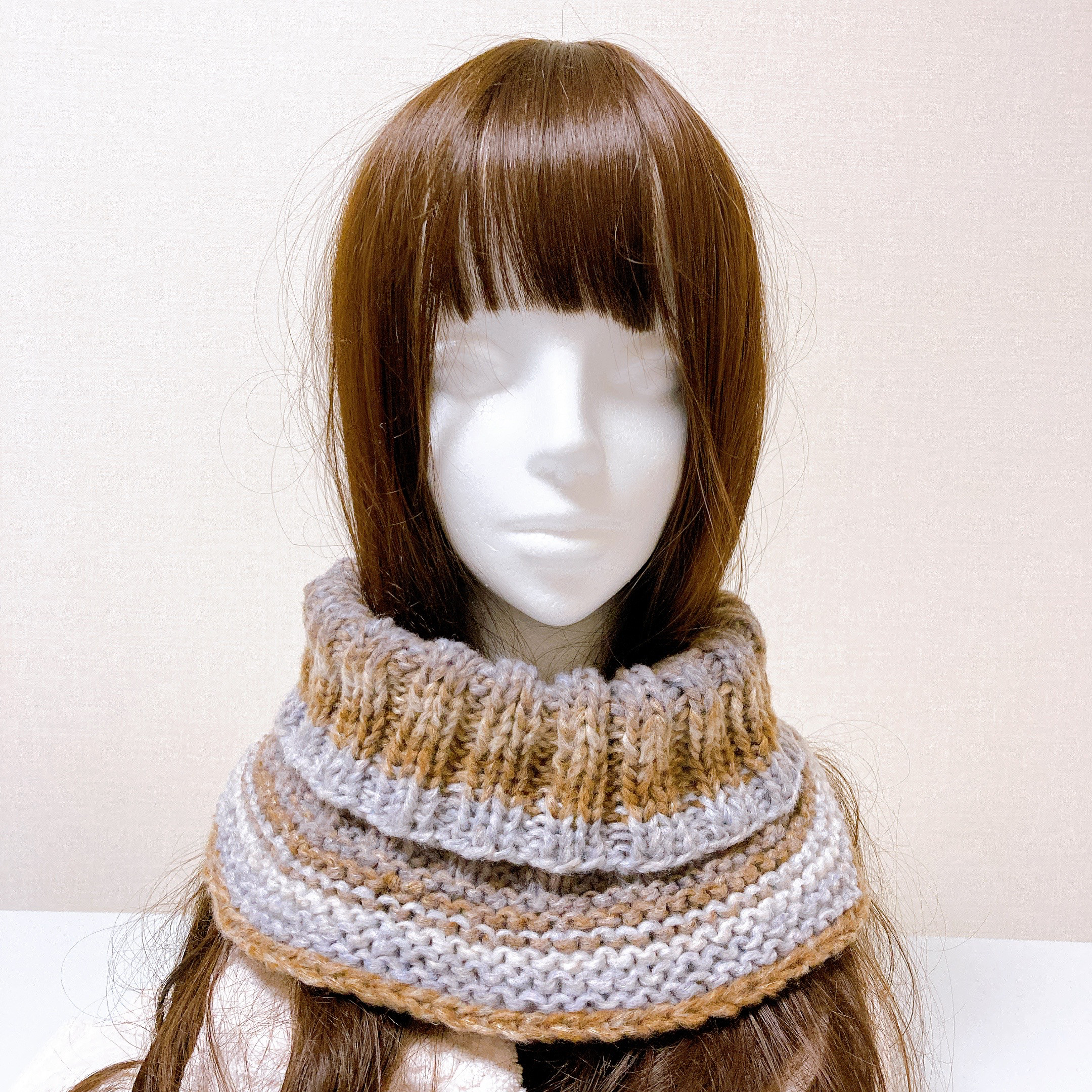 ネックウォーマー　ブラウングレー　手編み　男女兼用　タートル風　つけ襟　リブ
