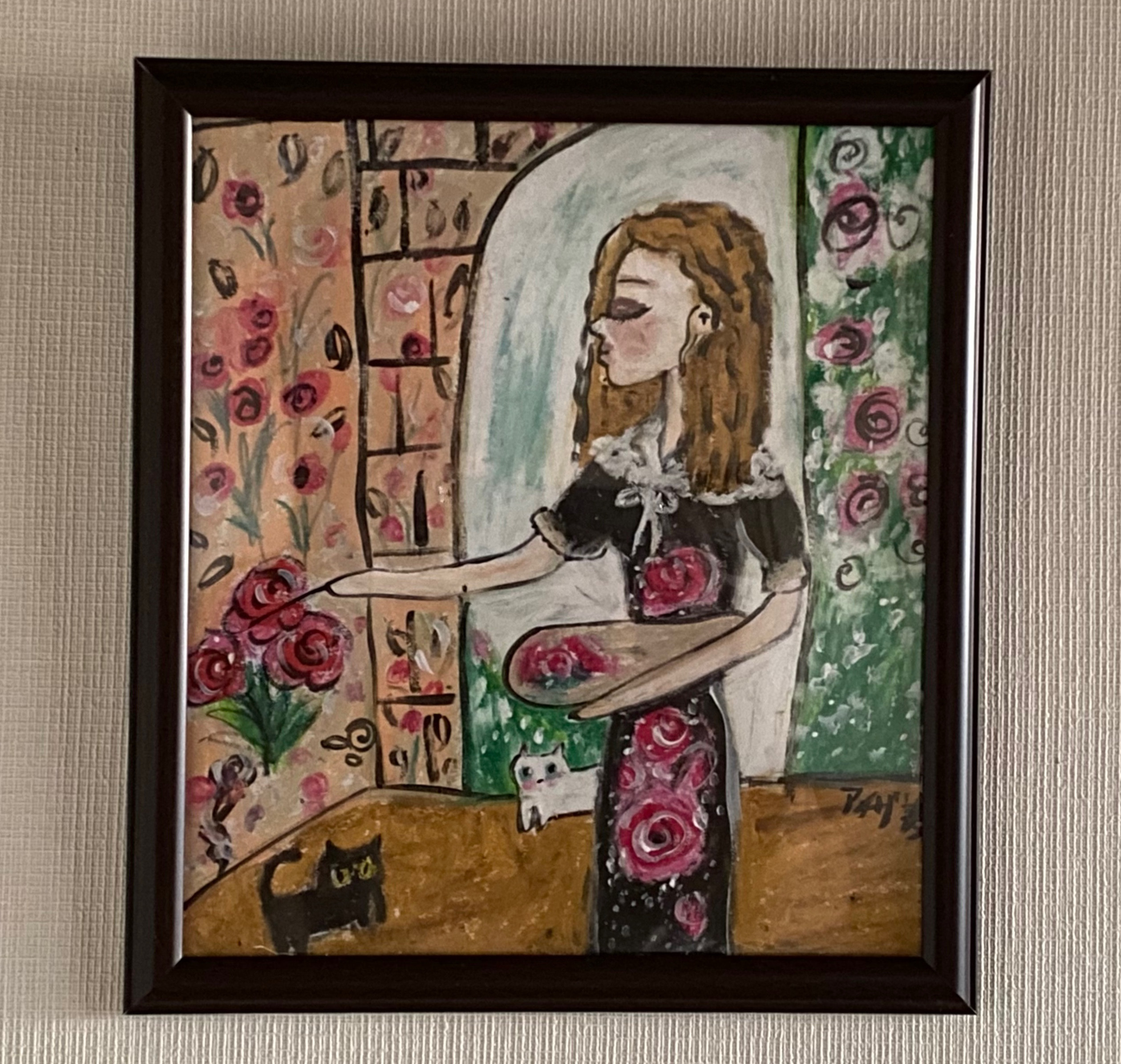 絵画。壁掛け絵原画【花の中から飛び出してきた2匹の猫ちゃん