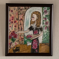 絵画 壁掛け絵【バラの庭で絵を描いている少女と遊んでいる