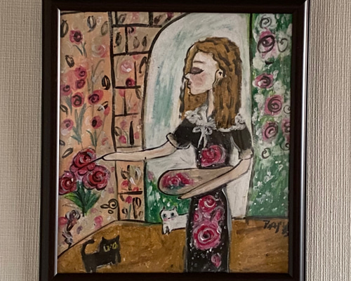絵画 。壁掛け絵原画【庭で蝶を捕まえたり、楽しく会食したりして遊ぶ猫たち】 絵画 。壁掛け絵原画【庭で蝶を捕まえたり、楽しく会食したりし