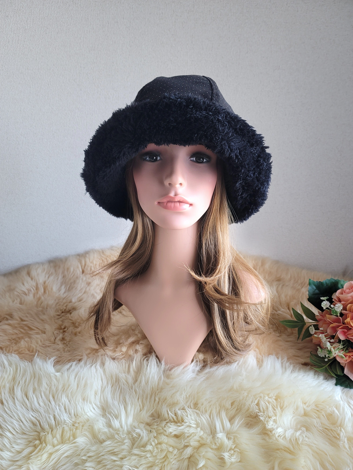 フィット hat★小さなドット柄★60㎝★ブラックカラー　大きい　帽子