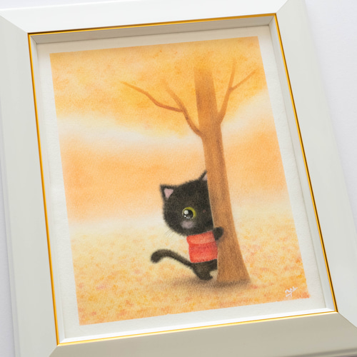 原画・フレーム付き】「黒猫とオレンジ色の中で」 ねこ ネコ